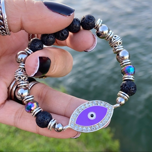 Purple cz evil eye black lava boho bead bracelet - Picture 1 of 14